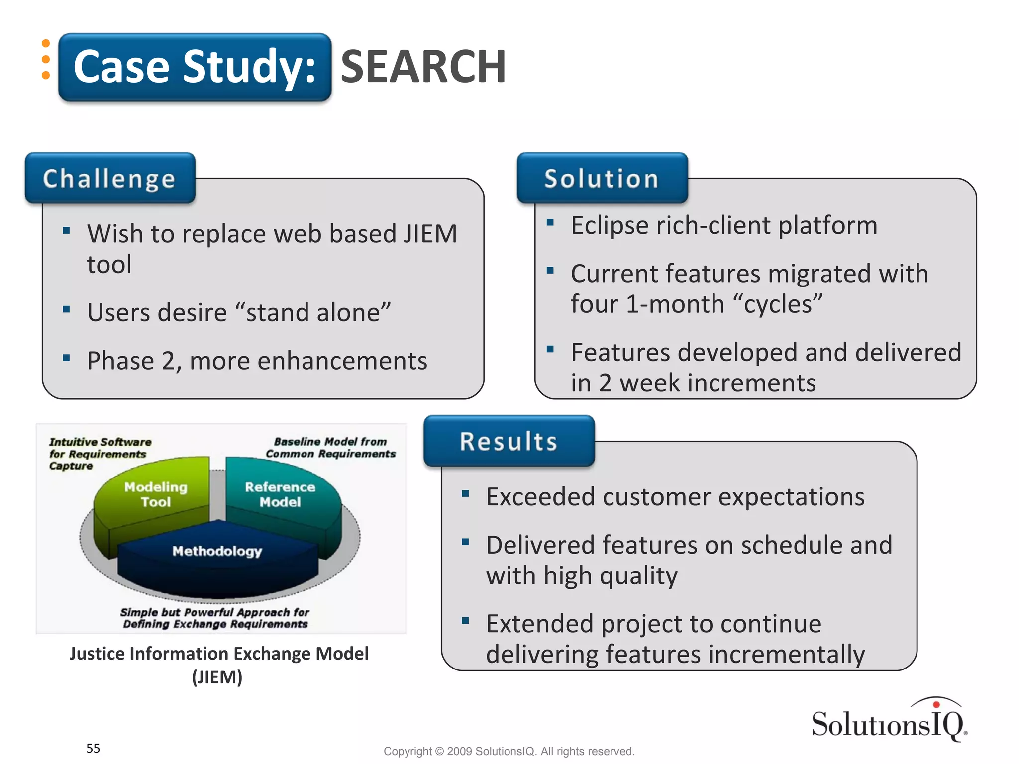 Case Study:  SEARCH Exceeded customer expectations Delivered features on schedule and with high quality Extended project to continue delivering features incrementally Wish to replace web based JIEM tool  Users desire “stand alone” Phase 2, more enhancements  Eclipse rich-client platform Current features migrated with four 1-month “cycles” Features developed and delivered in 2 week increments Justice Information Exchange Model (JIEM)  