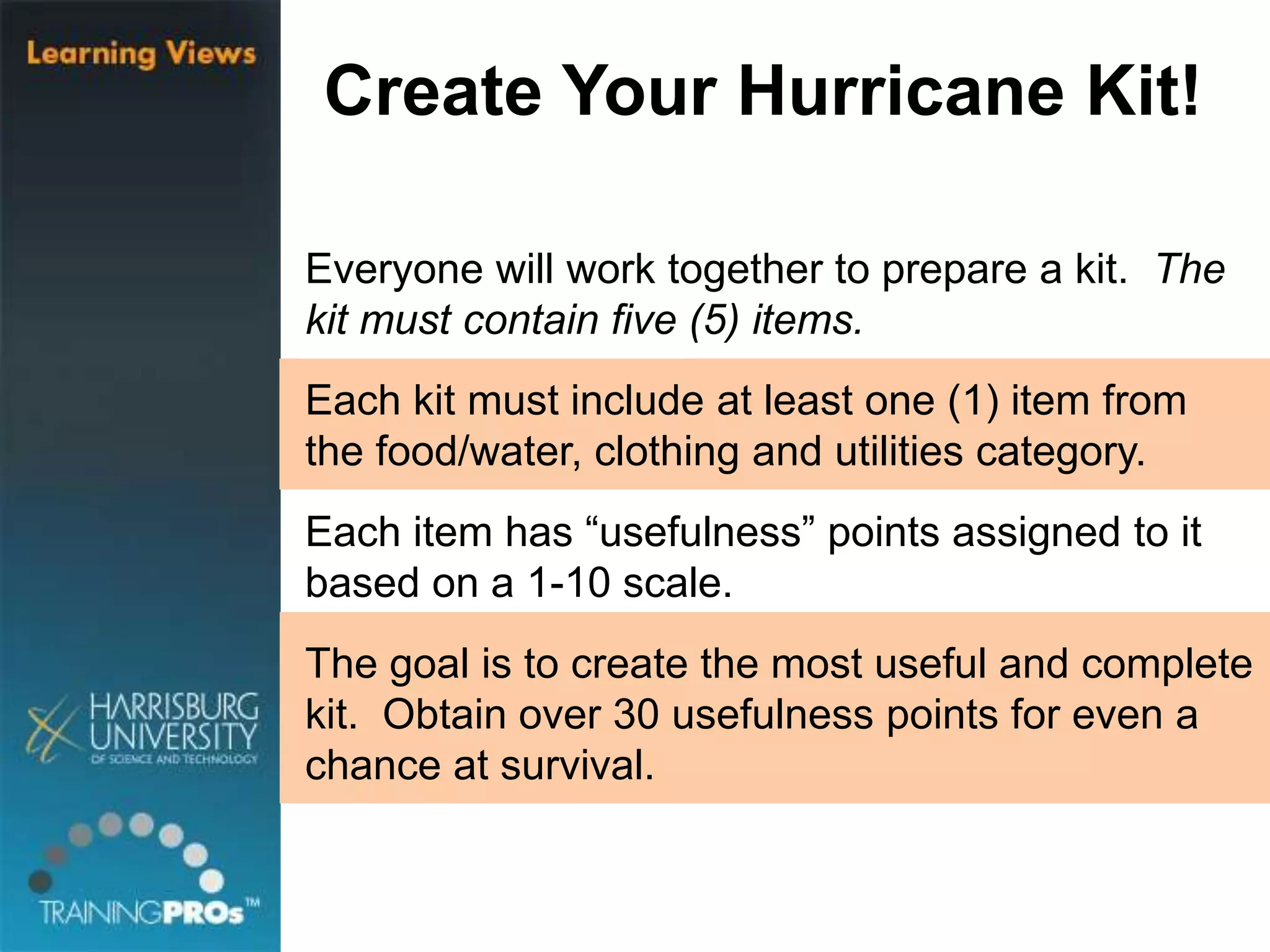 Everyone will work together to prepare a kit. The
kit must contain five (5) items.
Each kit must include at least one (1) item from
the food/water, clothing and utilities category.
Each item has “usefulness” points assigned to it
based on a 1-10 scale.
The goal is to create the most useful and complete
kit. Obtain over 30 usefulness points for even a
chance at survival.
Create Your Hurricane Kit!
 