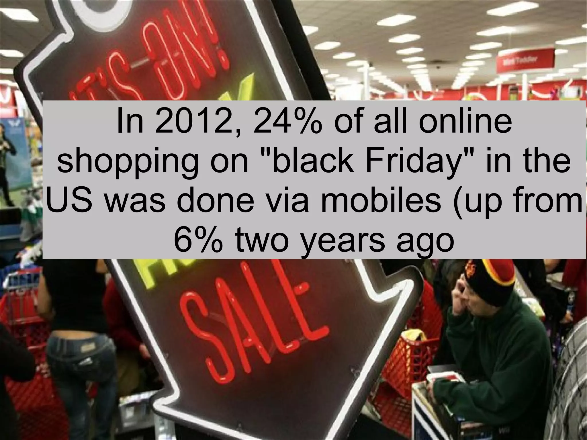 In 2012, 24% of all online
shopping on "black Friday" in the
US was done via mobiles (up from
       6% two years ago
 