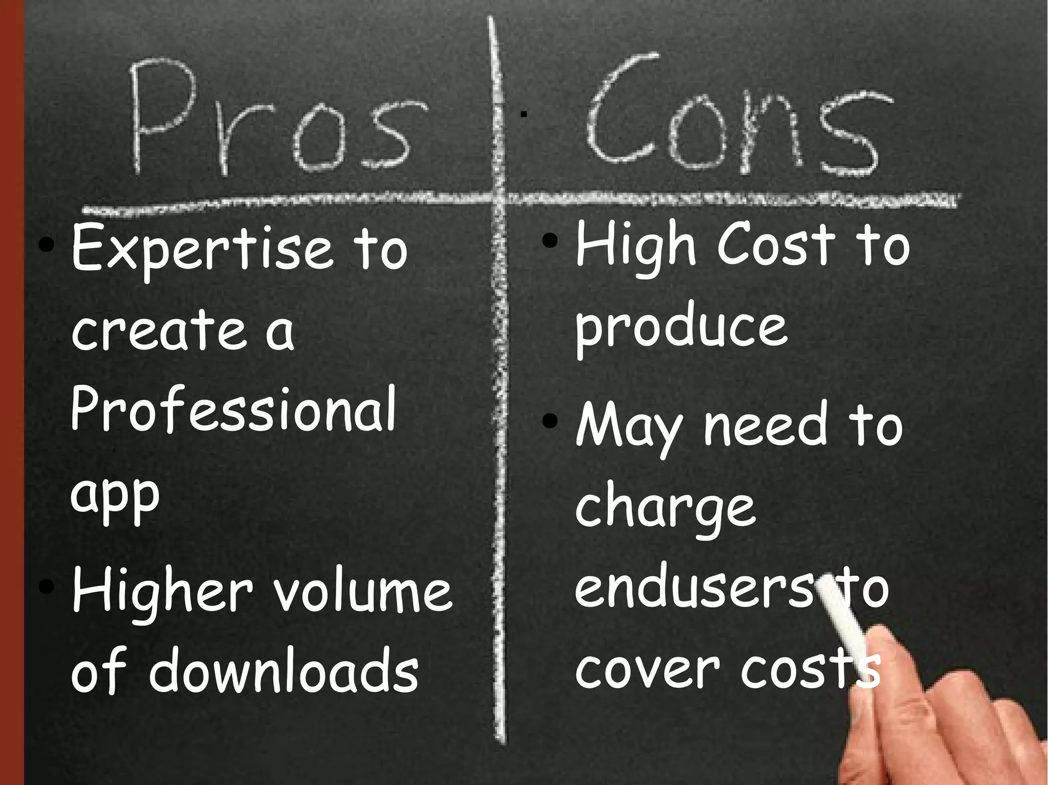 .

●
    Expertise to        ●
                            High Cost to
    create a                produce
    Professional        ●
                            May need to
    app                     charge
●
    Higher volume           endusers to
    of downloads            cover costs
 