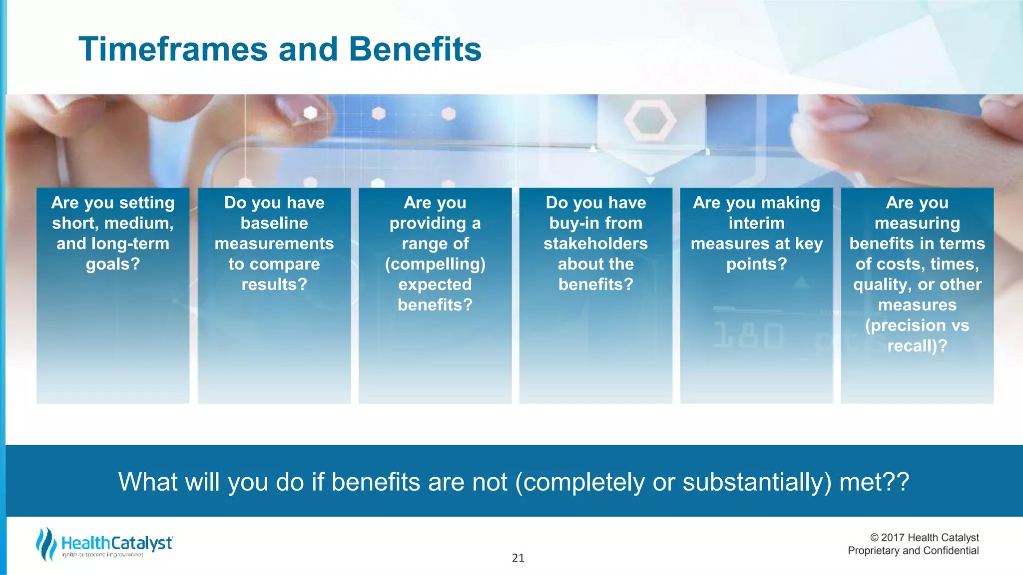 © 2017 Health Catalyst
Proprietary and Confidential
Timeframes and Benefits
21
What will you do if benefits are not (completely or substantially) met??
Are you making
interim
measures at key
points?
Do you have
buy-in from
stakeholders
about the
benefits?
Are you
providing a
range of
(compelling)
expected
benefits?
Do you have
baseline
measurements
to compare
results?
Are you setting
short, medium,
and long-term
goals?
Are you
measuring
benefits in terms
of costs, times,
quality, or other
measures
(precision vs
recall)?
 