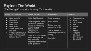 Support The Community Infiltrate The Web Move forward Show Up
● Be a part of it.
● Consume
● Participate
● Be social
● Be human
● Share about what
you care
● Find people like your
team members, get
to know them!
Write! Talk! Record!
Think long term: Seed
good ideas and help
people about testing:
Quora, Reddit,
Hackernews,
Stackoverflow.
There is too much crap
about testing on the
web. The only
response is to overload
it with goodness.
Show you care.
Make friends.
Create your own
supportive circle.
Live in a world of
technology, not one of
testing.
Innovate.
● Ask questions
● Write
● Be a maker
● Fail
● Evolve
● Talk
● Attend
● Respond
● Be proud
● Give a damn
● Be helpful
Explore The World...
(The Testing Community, Industry, Tech World)
 