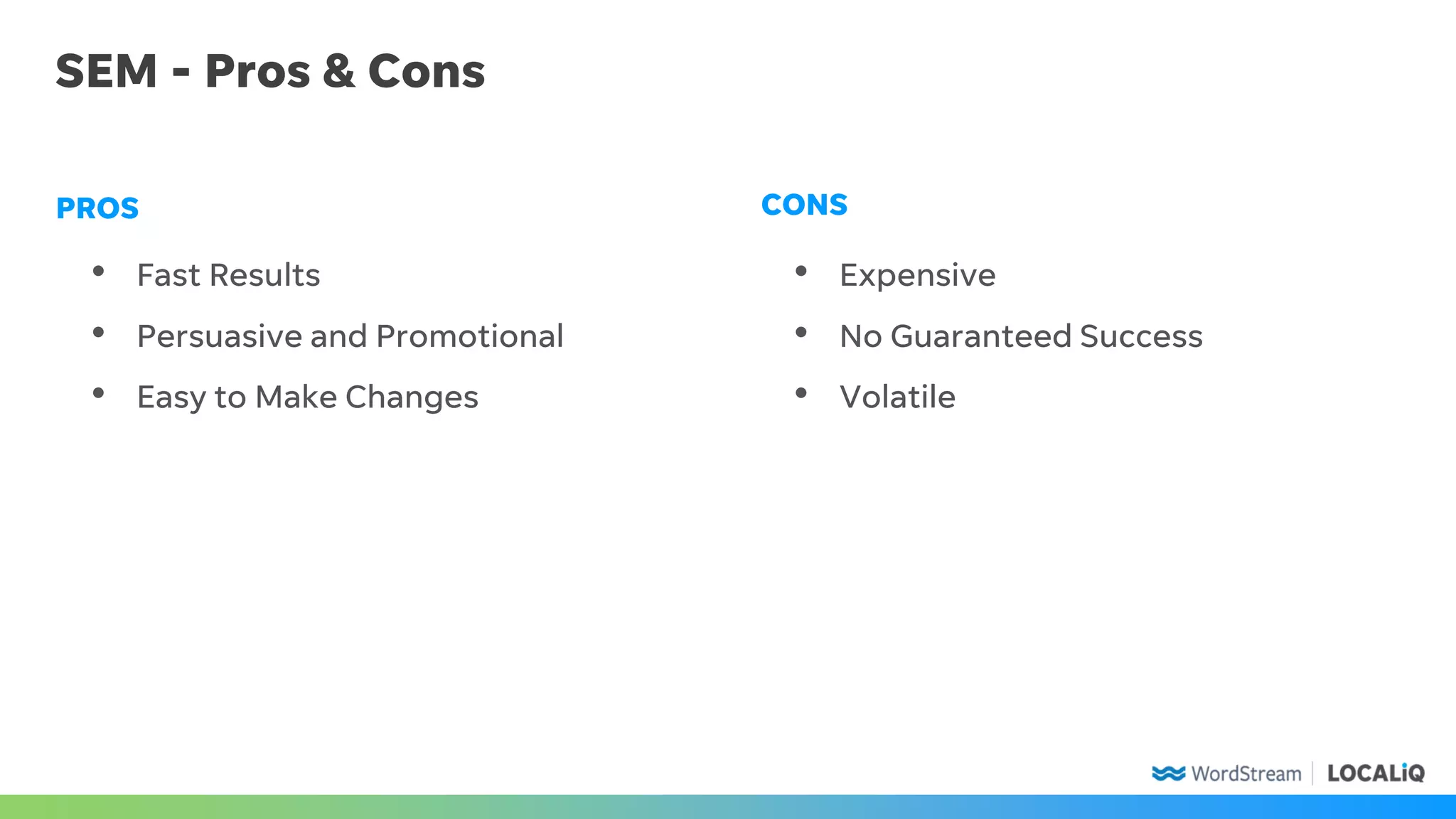 SEM - Pros & Cons
• Fast Results
• Persuasive and Promotional
• Easy to Make Changes
PROS CONS
• Expensive
• No Guaranteed Success
• Volatile
 