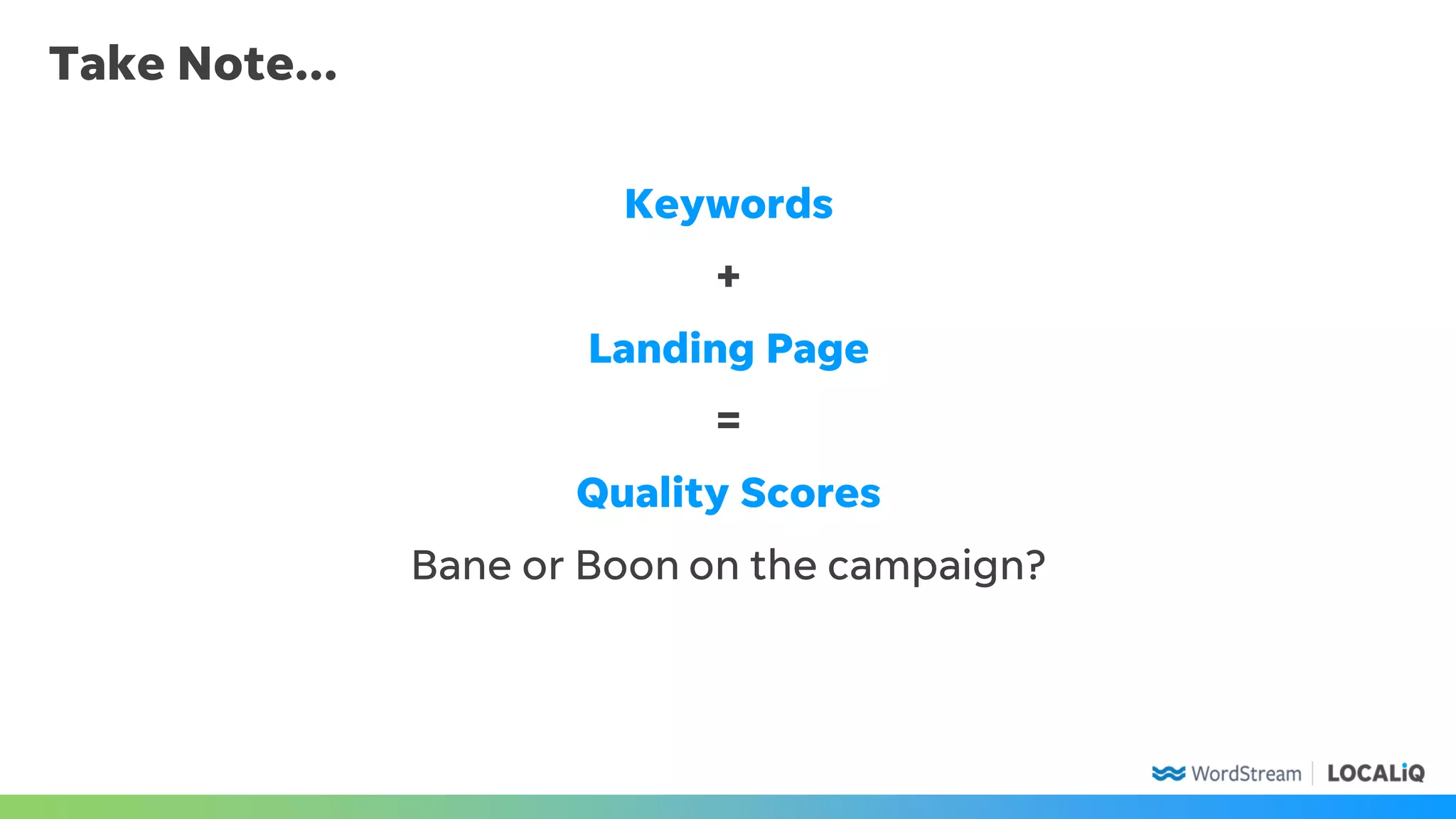 Take Note...
Keywords
+
Landing Page
=
Quality Scores
Bane or Boon on the campaign?
 