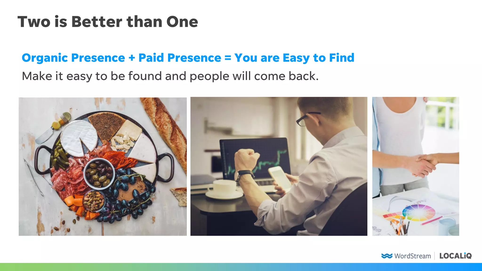 Two is Better than One
Organic Presence + Paid Presence = You are Easy to Find
Make it easy to be found and people will come back.
 