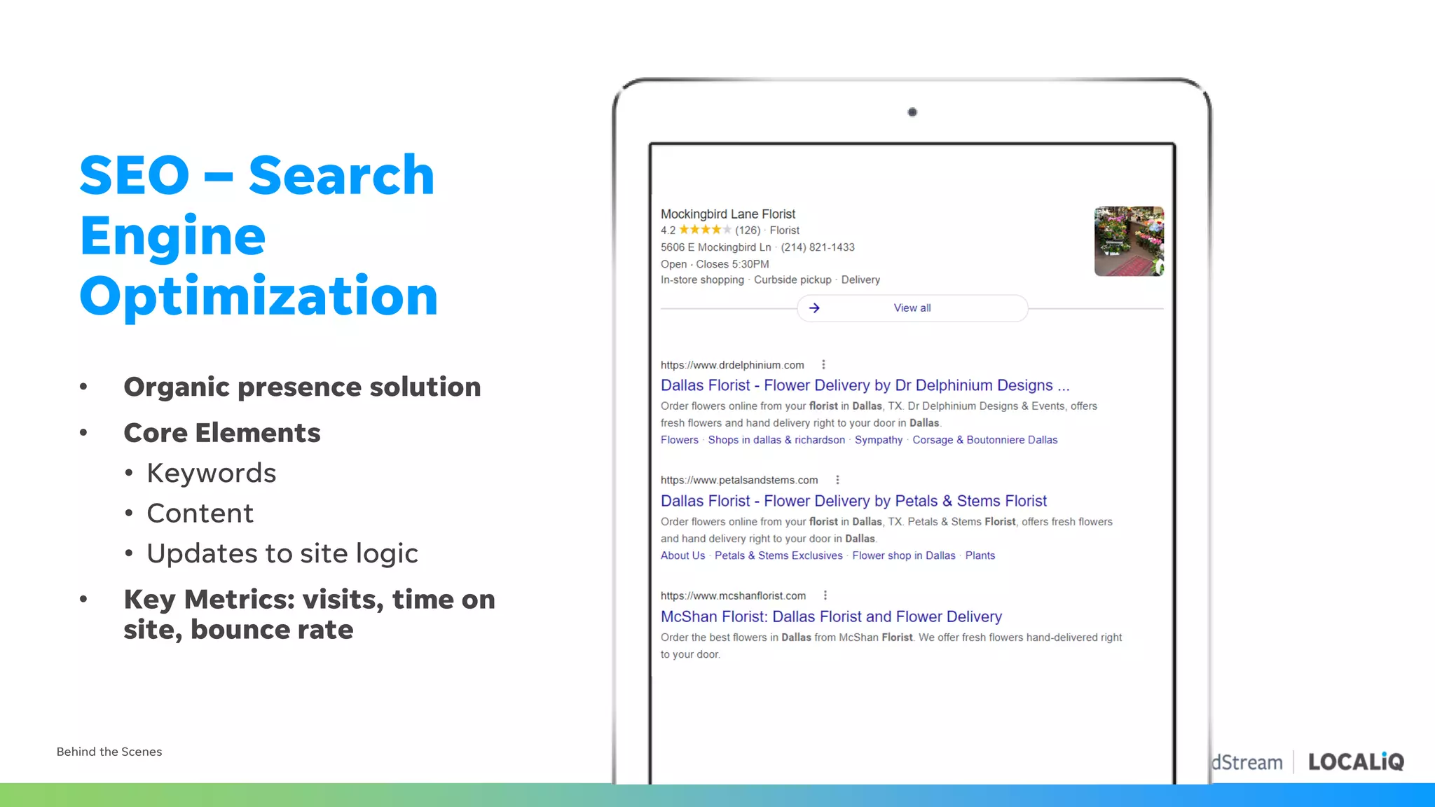 SEO – Search
Engine
Optimization
• Organic presence solution
• Core Elements
• Keywords
• Content
• Updates to site logic
• Key Metrics: visits, time on
site, bounce rate
Behind the Scenes
 