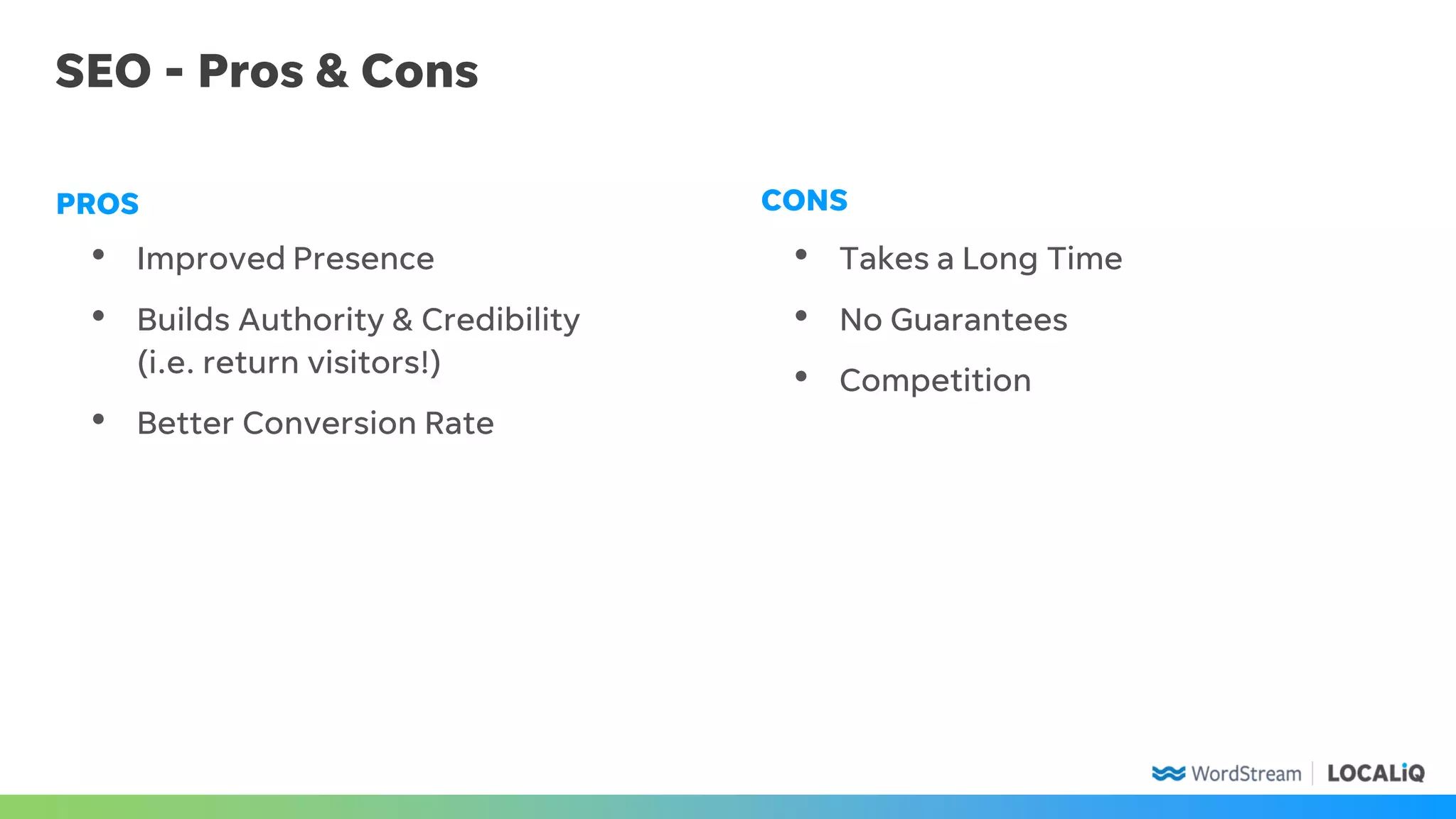 SEO - Pros & Cons
• Improved Presence
• Builds Authority & Credibility
(i.e. return visitors!)
• Better Conversion Rate
PROS CONS
• Takes a Long Time
• No Guarantees
• Competition
 