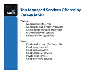 Top Managed Services Offered by
Kaseya MSPs
Physical
• Managed security services
• Managed backup & recovery services
• Mobile device management services
• BYOD management services
• Remote monitoring services
Virtual
• Cloud email services (Exchange, other)
• Cloud storage services
• Cloud backup services
• Cloud Sharepoint services
• Private cloud services
• Cloud monitoring services
31
 
