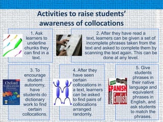 Activities to raise students’
       awareness of collocations
    1. Ask                     2. After they have read a
  learners to            text, learners can be given a set of
   underline             incomplete phrases taken from the
 chunks they            text and asked to complete them by
 can find in a          scanning the text again. This can be
     text.                         done at any level.

                                                   5. Give
    3. To         4. After they
                                                  students
 encourage        have seen
                                                phrases in
  student         certain
                                                their native
 autonomy,        collocations in
                                              language and
    have          a text, learners
                                                 equivalent
students do       can be asked
                                                phrases in
 dictionary       to find pairs of
                                               English, and
work to find      collocations
                                               ask students
   certain        arranged
                                               to match the
collocations.     randomly.
                                                  phrases.
 