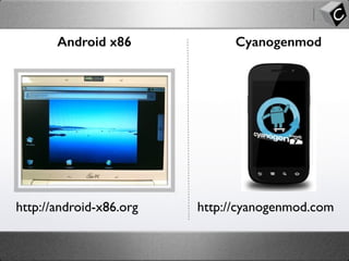 http://android-x86.org
Android x86 Cyanogenmod
http://cyanogenmod.com
 