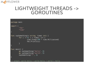 LIGHTWEIGHT THREADS ->
GOROUTINES
packagemain
import(
"fmt"
"time"
)
funcsaySomething(sstring,timesint){
fori:=0;i<times;i++{
time.Sleep(100*time.Millisecond)
fmt.Println(s)
}
}
funcmain(){
gosaySomething("hello",3)
gosaySomething("world",3)
saySomething("!",3)
}
//output:worldhello!worldhello!world!hello
 