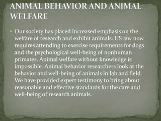  Our society has placed increased emphasis on the
welfare of research and exhibit animals. US law now
requires attending to exercise requirements for dogs
and the psychological well-being of nonhuman
primates. Animal welfare without knowledge is
impossible. Animal behavior researchers look at the
behavior and well-being of animals in lab and field.
We have provided expert testimony to bring about
reasonable and effective standards for the care and
well-being of research animals.
 