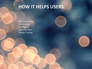 LMS Screenshots
The following slides contain screenshots from a
number of different LMSs. These are designed to
provide a very high level snapshot of LMS
capabilities, rather than a detailed feature
review of any particular system.
 