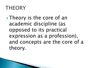  Theory is the core of an
 academic discipline (as
 opposed to its practical
 expression as a profession),
 and concepts are the core of a
 theory.
 