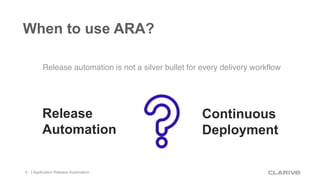 When to use ARA?
Release automation is not a silver bullet for every delivery workflow
Release
Automation
Continuous
Deplo...