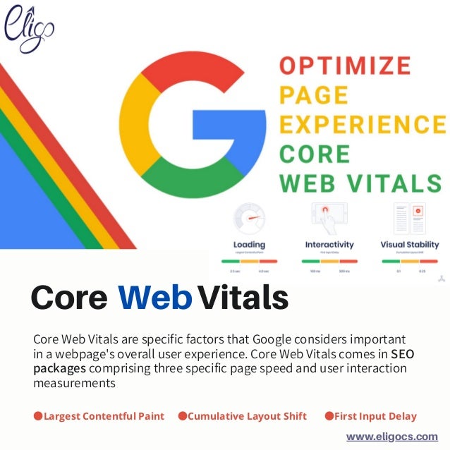 Web
Core Vitals
www.eligocs.com
Core Web Vitals are specific factors that Google considers important
in a webpage's overall user experience. Core Web Vitals comes in SEO
packages comprising three specific page speed and user interaction
measurements
●Largest Contentful Paint ●Cumulative Layout Shift ●First Input Delay


 