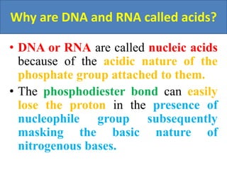 Why are DNA and RNA called acids?
• DNA or RNA are called nucleic acids
because of the acidic nature of the
phosphate group attached to them.
• The phosphodiester bond can easily
lose the proton in the presence of
nucleophile group subsequently
masking the basic nature of
nitrogenous bases.
 