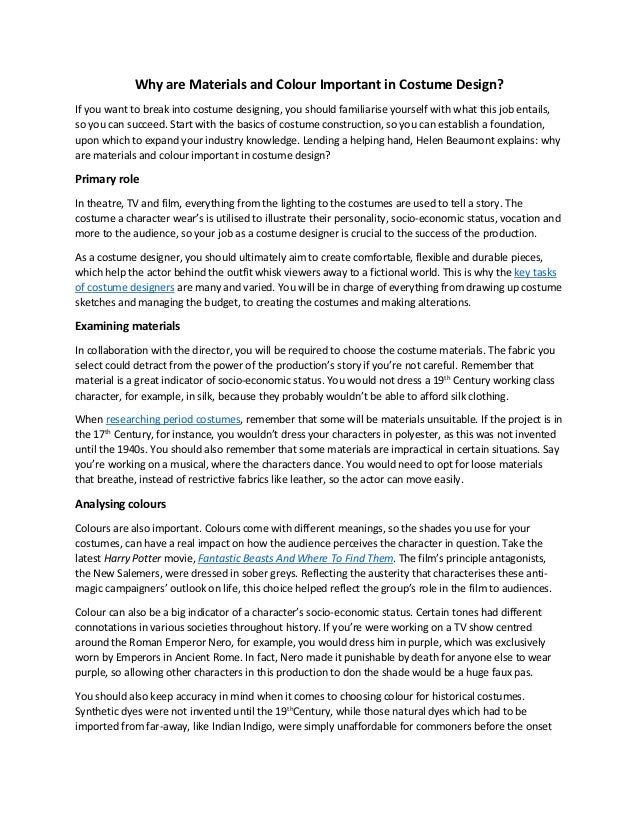 Why are materials and colour important in costume design helen beaumont