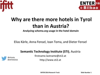 ENTER 2016 Research Track Slide Number 1
Why are there more hotels in Tyrol
than in Austria?
Analyzing schema.org usage in the hotel domain
Elias Kärle, Anna Fensel, Ioan Toma, and Dieter Fensel
Semantic Technology Institute (STI), Austria
firstname.lastname@sti2.at
http://www.sti2.at
@eliaska
#ENTER2016
 