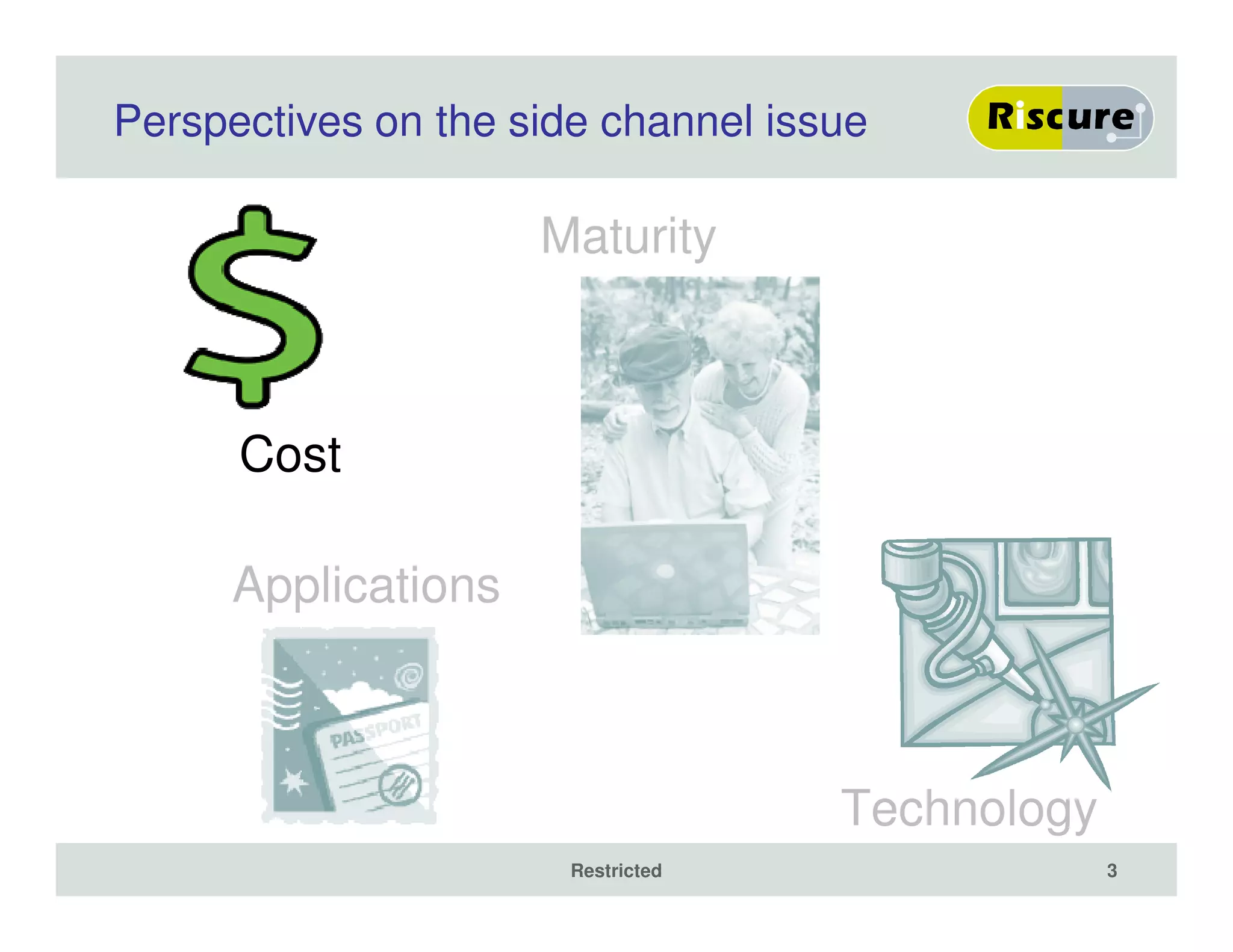 Perspectives on the side channel issue
Cost
Restricted 3
Applications
Technology
Maturity
 