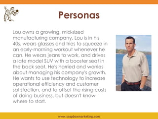 Personas <ul><li>Lou owns a growing, mid-sized manufacturing company. Lou is in his 40s, wears glasses and tries to squeez...
