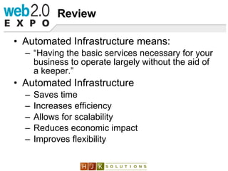 Review <ul><li>Automated Infrastructure means: </li></ul><ul><ul><li>“ Having the basic services necessary for your busine...
