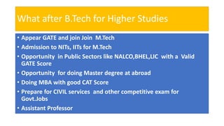 What after B.Tech for Higher Studies
• Appear GATE and join Join M.Tech
• Admission to NITs, IITs for M.Tech
• Opportunity in Public Sectors like NALCO,BHEL,LIC with a Valid
GATE Score
• Opportunity for doing Master degree at abroad
• Doing MBA with good CAT Score
• Prepare for CIVIL services and other competitive exam for
Govt.Jobs
• Assistant Professor
 