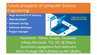 Future prospects of computer Science
Engineering:
• Huge demand in IT industry
• Web developer
• Software testing
• Software developer
• Project manager
Placement :-Yahoo, Google, Facebook,
Infosys,Microsoft, TCS, HP, L&T,Wipro
,Accenture,capegemini,Tech Mahindra,
Salary Package-INR 4.85lakhs to INR 18lakhs
 