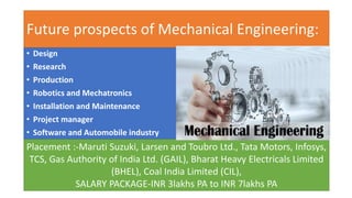 Future prospects of Mechanical Engineering:
• Design
• Research
• Production
• Robotics and Mechatronics
• Installation and Maintenance
• Project manager
• Software and Automobile industry
Placement :-Maruti Suzuki, Larsen and Toubro Ltd., Tata Motors, Infosys,
TCS, Gas Authority of India Ltd. (GAIL), Bharat Heavy Electricals Limited
(BHEL), Coal India Limited (CIL),
SALARY PACKAGE-INR 3lakhs PA to INR 7lakhs PA
 