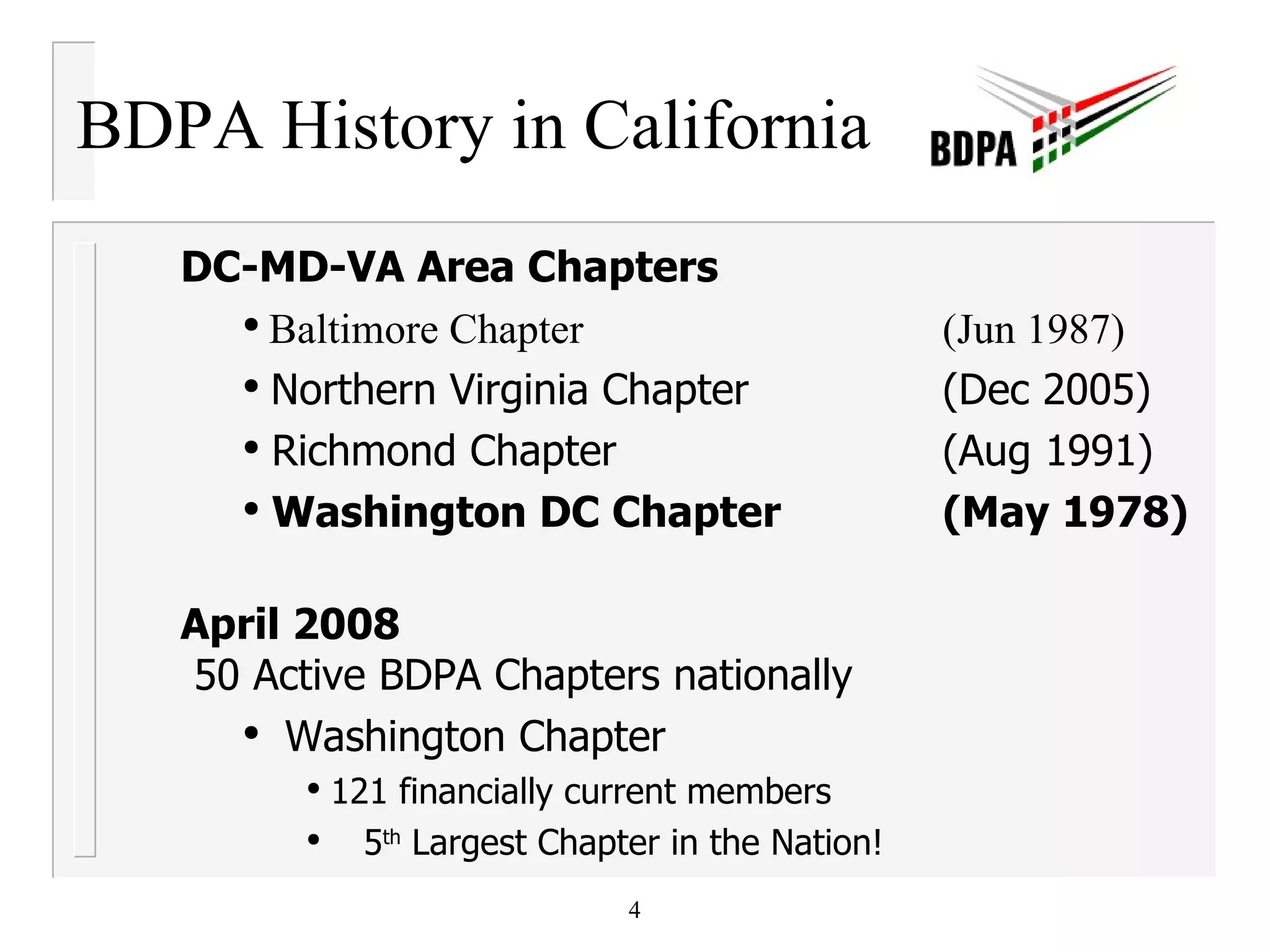 BDPA History in California DC-MD-VA Area  Chapters  Baltimore Chapter (Jun 1987)   Northern Virginia Chapter   (Dec 2005) Richmond Chapter (Aug 1991) Washington DC Chapter (May 1978) April 2008 50 Active BDPA Chapters nationally Washington Chapter 121 financially current members  5 th  Largest Chapter in the Nation! 