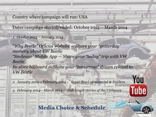 Media Choice & Schedule
Country where campaign will run: USA
Dates campaign started/ended: October 2013 – March 2014
1. October 2013 – January 2014
“Why Beetle” Official Website — Share your “yesterday”
memory about VW Beetle
“Smileage” Mobile App — Share your “today” trip with VW
Beetle
In-store billboard — Share your “tomorrow” dream related to
VW Beetle
2. January 2014 – February 2014 ： Super Bowl commercial & Trailers
3. February 2014-- March 2014 ： Full-length stories of the 7 winners
 