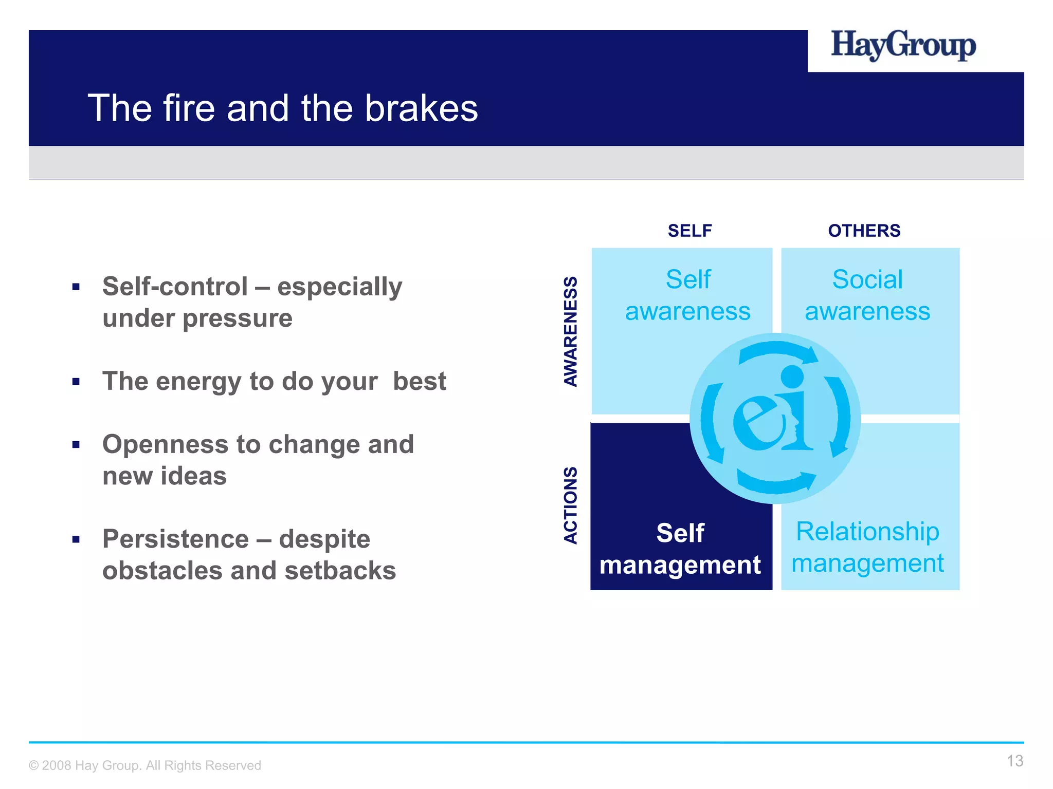 The fire and the brakes


                                                        SELF       OTHERS


       Self-control – especially                       Self        Social




                                        AWARENESS
           under pressure                            awareness    awareness

       The energy to do your best

       Openness to change and
           new ideas


                                        ACTIONS
       Persistence – despite                          Self      Relationship
           obstacles and setbacks                   management   management




© 2008 Hay Group. All Rights Reserved                                           13
 