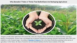 Why Benedict T Palen Jr Thinks That Biofertilizers Are Reshaping Agriculture
Imagine a world where fields hum with unseen life, where the whispers of the soil tell tales of vibrant microbes weaving a
tapestry of nourishment. Picture crops, not pumped up on chemical cocktails but dancing with their microscopic allies, their roots
cradled in a web of natural magic. According to Benedict T Palen Jr, this is the future biofertilizer painting on the canvas of
agriculture. In this future, the titans of tomorrow are not colossal machines but the tiniest residents of the earth.
 