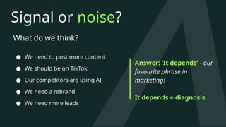 Signal or noise?
What do we think?
● We need to post more content
● We should be on TikTok
● Our competitors are using AI
● We need a rebrand
● We need more leads
Answer: ‘It depends’ - our
favourite phrase in
marketing!
It depends = diagnosis
 