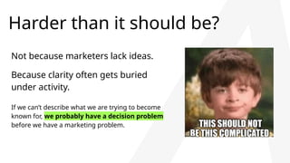 Harder than it should be?
Not because marketers lack ideas.
Because clarity often gets buried
under activity.
If we can’t describe what we are trying to become
known for, we probably have a decision problem
before we have a marketing problem.
 