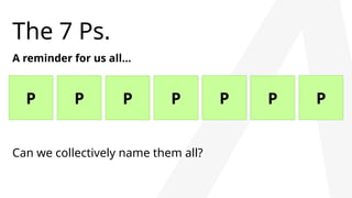 The 7 Ps.
A reminder for us all…
P P P P P P P
Can we collectively name them all?
 