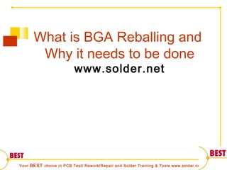 Your BEST choice in PCB Test/ Rework/Repair and Solder Training & Tools www.solder.net
What is BGA Reballing and
Why it needs to be done
www.solder.net
 