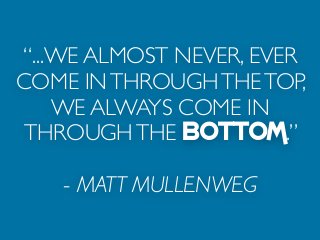 “...WE ALMOST NEVER, EVER
COME INTHROUGHTHETOP,
WE ALWAYS COME IN
THROUGHTHE BOTTOM.”
- MATT MULLENWEG
 