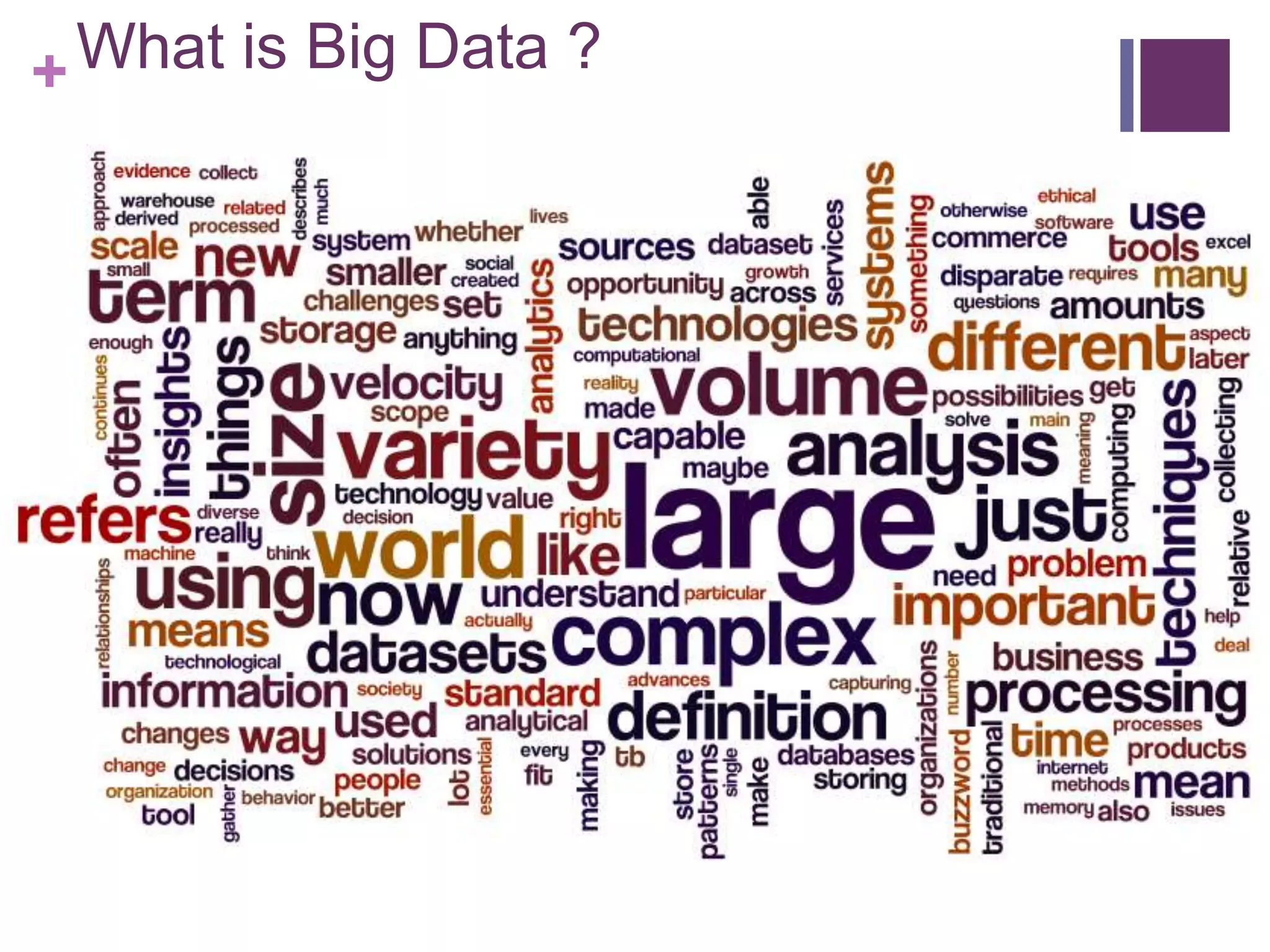 +What is Big Data ?
 Big Data is a trend not a single technology.
 Big Data has three key common identifiers: Volume,Velocity
and Variety.
 
