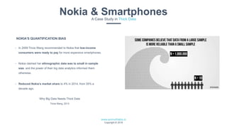 www.azimuthlabs.io
Copyright © 2018
- In 2009 Tricia Wang recommended to Nokia that low-income
consumers were ready to pay for more expensive smartphones.
- Nokia claimed her ethnographic data was to small in sample
size, and the power of their big data analytics informed them
otherwise.
- Reduced Nokia’s market share to 4% in 2014, from 35% a
decade ago.
Why Big Data Needs Thick Data
Tricia Wang, 2013
Nokia & SmartphonesA Case Study in Thick Data
NOKIA'S QUANTIFICATION BIAS
 