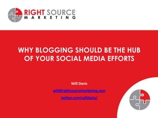 WHY BLOGGING SHOULD BE THE HUB
 OF YOUR SOCIAL MEDIA EFFORTS


                  Will Davis
        will@rightsourcemarketing.com
            twitter.com/willdavis/
 