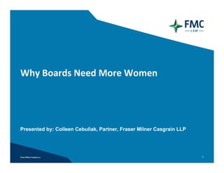Why Boards Need More Women




Presented by: Colleen Cebuliak, Partner, Fraser Milner Casgrain LLP




                                                                      1
 