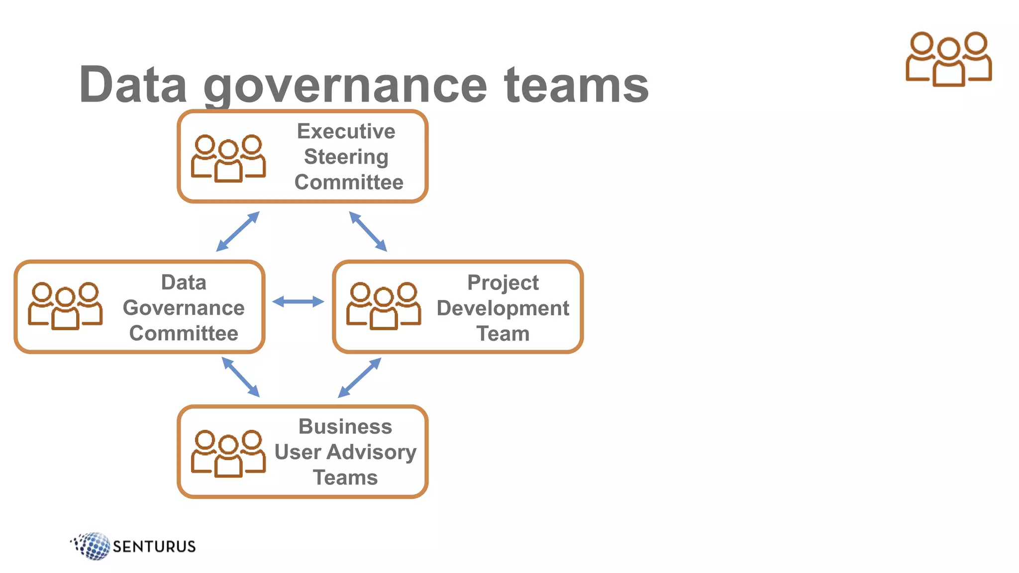 Data governance teams
Data
Governance
Committee
Business
User Advisory
Teams
Project
Development
Team
Executive
Steering
Committee
 
