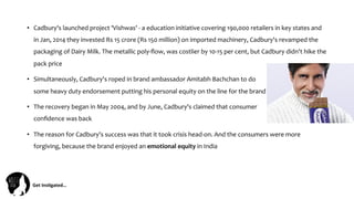 Get	
  Ins(gated…	
  
•  Cadbury's	
  launched	
  project	
  'Vishwas'	
  -­‐	
  a	
  education	
  initiative	
  covering	
  190,000	
  retailers	
  in	
  key	
  states	
  and	
  
in	
  Jan,	
  2014	
  they	
  invested	
  Rs	
  15	
  crore	
  (Rs	
  150	
  million)	
  on	
  imported	
  machinery,	
  Cadbury's	
  revamped	
  the	
  
packaging	
  of	
  Dairy	
  Milk.	
  The	
  metallic	
  poly-­‐ﬂow,	
  was	
  costlier	
  by	
  10-­‐15	
  per	
  cent,	
  but	
  Cadbury	
  didn't	
  hike	
  the	
  
pack	
  price	
  
•  Simultaneously,	
  Cadbury's	
  roped	
  in	
  brand	
  ambassador	
  Amitabh	
  Bachchan	
  to	
  do	
  	
  	
  	
  	
  	
  	
  	
  	
  	
  	
  	
  	
  	
  	
  	
  	
  	
  	
  	
  	
  	
  	
  	
  	
  	
  	
  	
  	
  	
  	
  	
  	
  	
  	
  	
  	
  	
  	
  	
  	
  	
  	
  	
  	
  	
  	
  	
  	
  	
  	
  	
  	
  	
  	
  
some	
  heavy	
  duty	
  endorsement	
  putting	
  his	
  personal	
  equity	
  on	
  the	
  line	
  for	
  the	
  brand	
  
•  The	
  recovery	
  began	
  in	
  May	
  2004,	
  and	
  by	
  June,	
  Cadbury's	
  claimed	
  that	
  consumer	
  	
  	
  	
  	
  	
  	
  	
  	
  	
  	
  	
  	
  	
  	
  	
  	
  	
  	
  	
  	
  	
  	
  	
  	
  	
  	
  	
  	
  	
  	
  	
  	
  	
  	
  
conﬁdence	
  was	
  back	
  
•  The	
  reason	
  for	
  Cadbury's	
  success	
  was	
  that	
  it	
  took	
  crisis	
  head-­‐on.	
  And	
  the	
  consumers	
  were	
  more	
  
forgiving,	
  because	
  the	
  brand	
  enjoyed	
  an	
  emotional	
  equity	
  in	
  India	
  
 