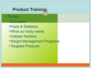 Product Training

• Today…

9

• Education
• Facts & Statistics
• What our body needs
• Cellular Nutrition
• Weight Management Programs
• Targeted Products

9

 
