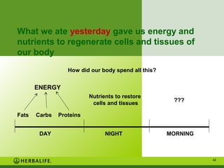What we ate yesterday gave us energy and
nutrients to regenerate cells and tissues of
our body
How did our body spend all this?

ENERGY
Nutrients to restore
cells and tissues
Fats

Carbs
DAY

???

NIGHT

MORNING

Proteins

42

 