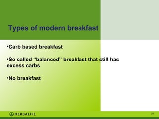 Types of modern breakfast
•Carb based breakfast
•So called “balanced” breakfast that still has
excess carbs
•No breakfast

28

 