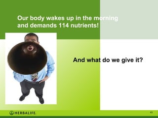 Our body wakes up in the morning
and demands 114 nutrients!

And what do we give it?

43

 