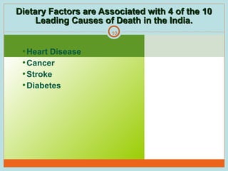 Dietary Factors are Associated with 4 of the 10
Leading Causes of Death in the India.
10

• Heart Disease
• Cancer
• Stroke
• Diabetes

10

 