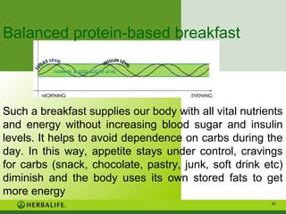 Balanced protein-based breakfast

Such a breakfast supplies our body with all vital nutrients
and energy without increasing blood sugar and insulin
levels. It helps to avoid dependence on carbs during the
day. In this way, appetite stays under control, cravings
for carbs (snack, chocolate, pastry, junk, soft drink etc)
diminish and the body uses its own stored fats to get
more energy
51

 